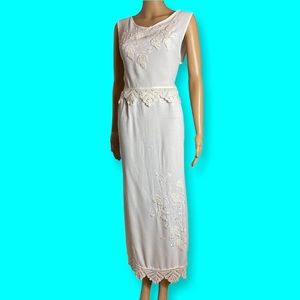 Vintage Papillon white lace trim- embroidered top and Drawstring maxi skirt